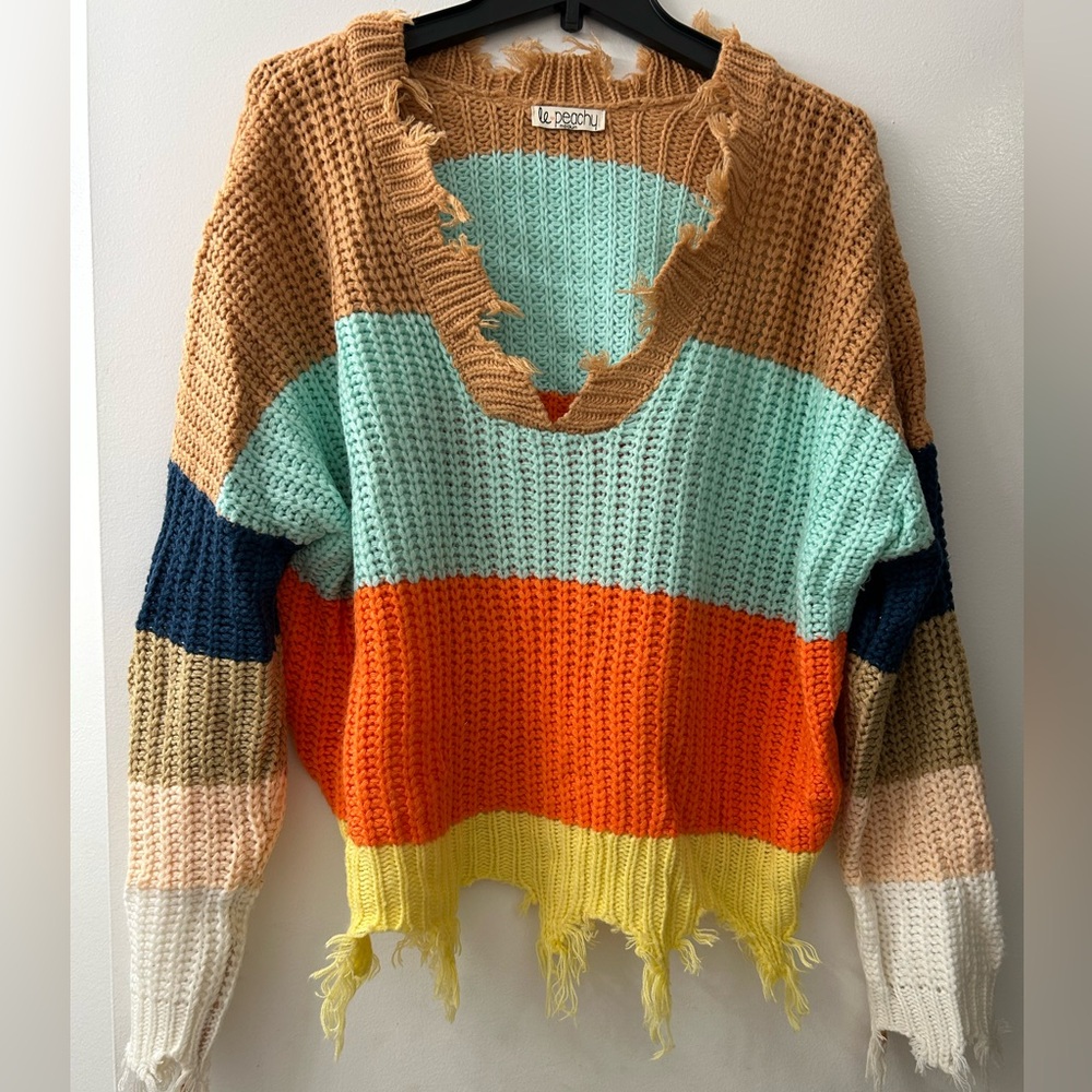 Le Peachy Colorblock Distressed Sweater